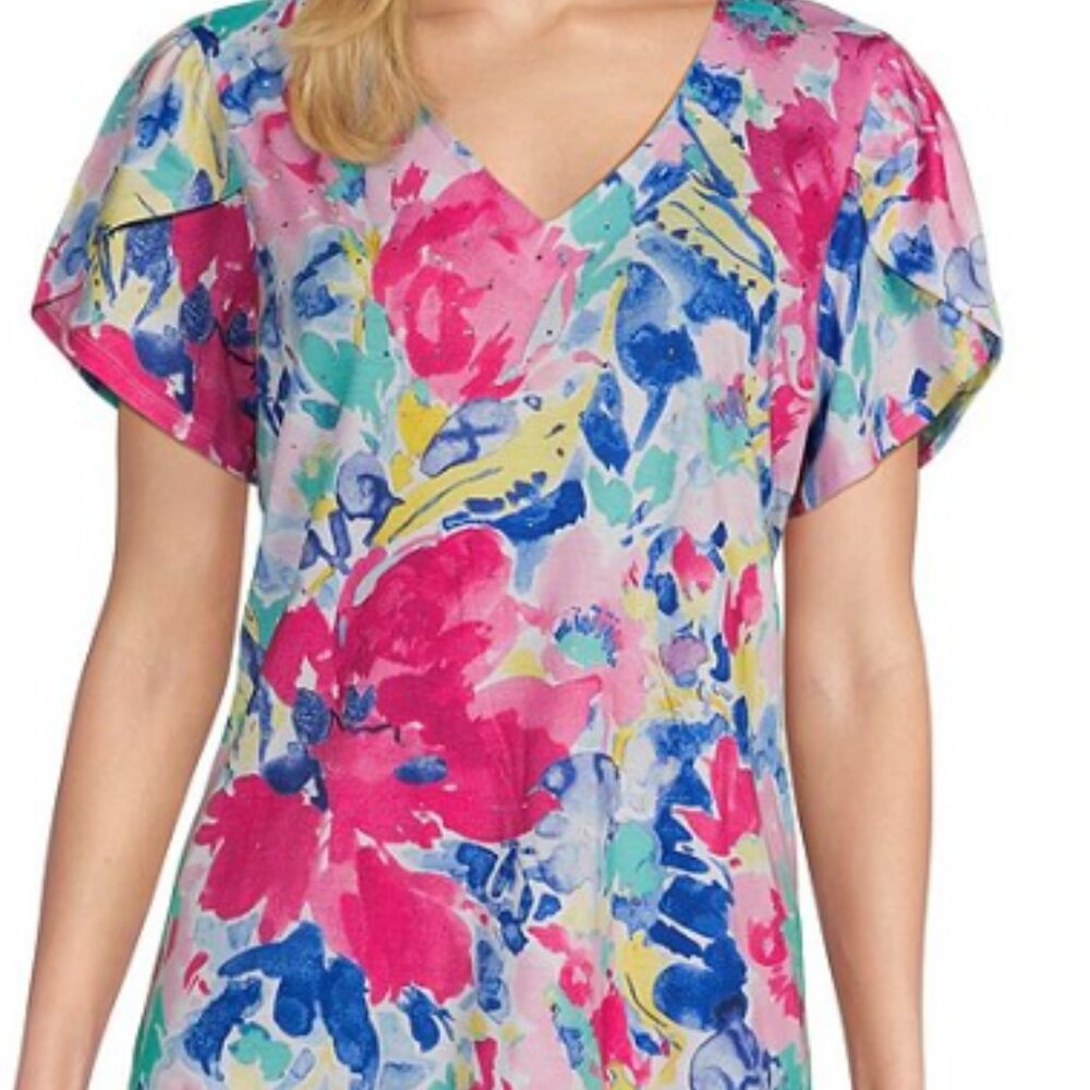 Allison Daley Woman Abstract Floral V Neck Short Sleeve Blouse
